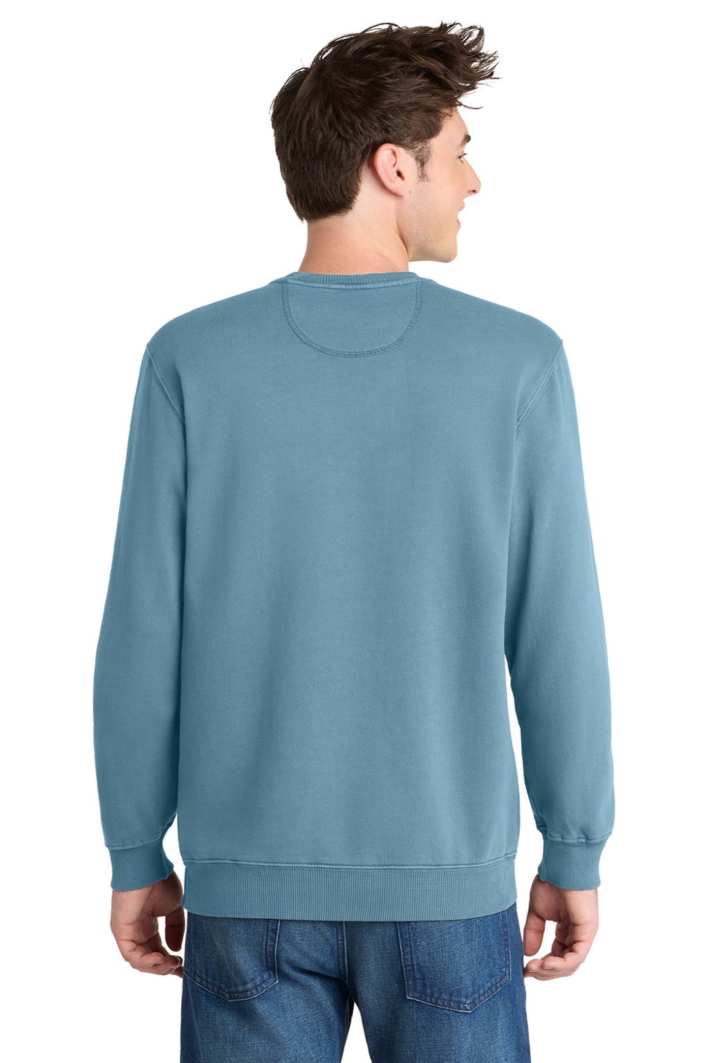 Port & Company PC098 Mens Beach Wash Fleece Crewneck Sweatshirt Mist Blue Model Back