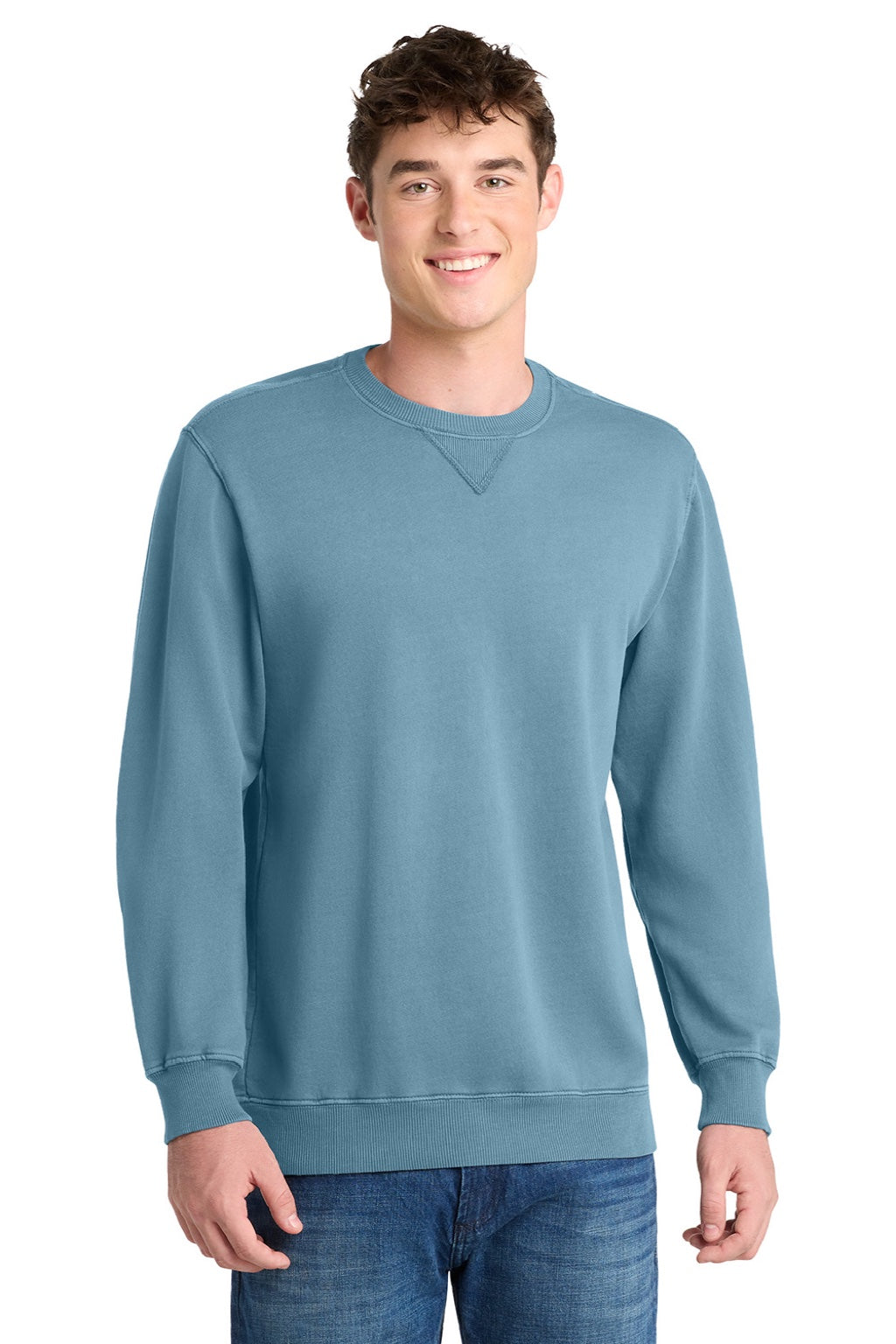 Port & Company PC098 Mens Beach Wash Fleece Crewneck Sweatshirt Mist Blue Model Front