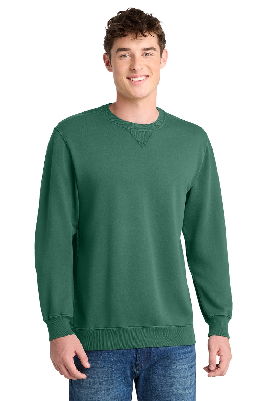 Port & Company PC098 Mens Beach Wash Fleece Crewneck Sweatshirt Nordic Green Model Front