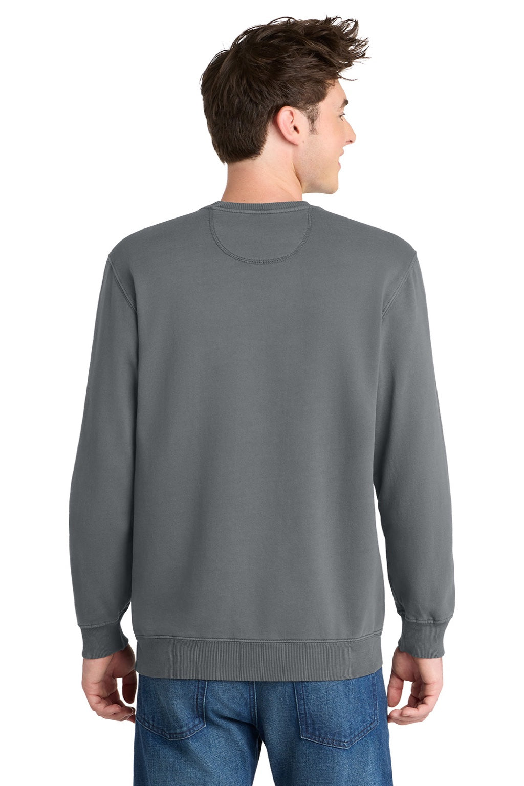 Port & Company PC098 Mens Beach Wash Fleece Crewneck Sweatshirt Pewter Grey Model Back