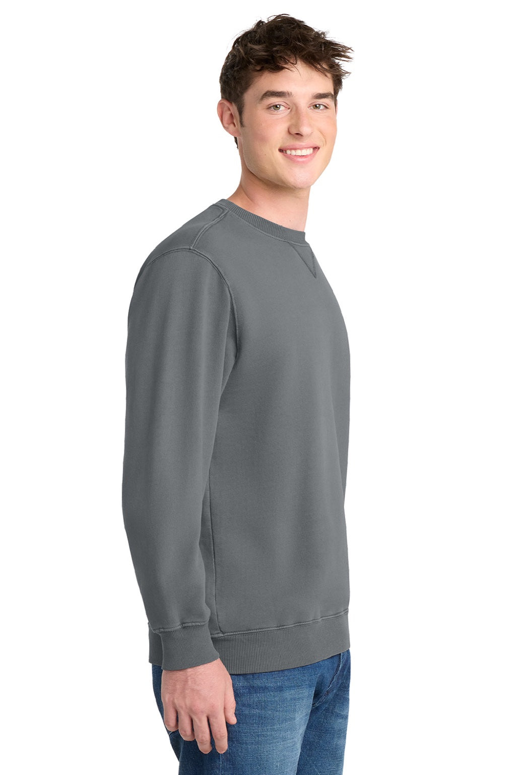 Port & Company PC098 Mens Beach Wash Fleece Crewneck Sweatshirt Pewter Grey Model Side