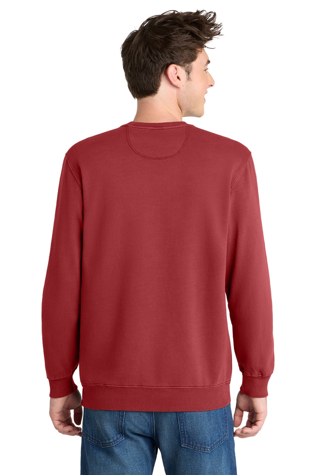 Port & Company PC098 Mens Beach Wash Fleece Crewneck Sweatshirt Rock Red Model Back
