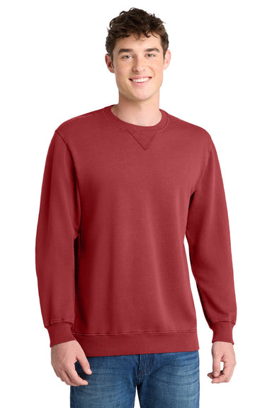 Port & Company PC098 Mens Beach Wash Fleece Crewneck Sweatshirt Rock Red Model Front