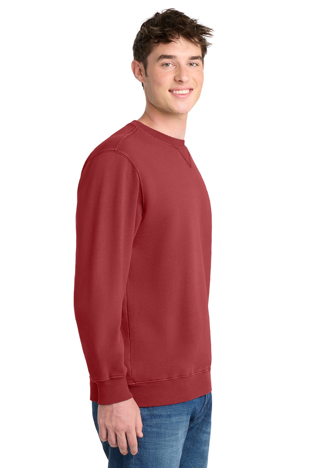 Port & Company PC098 Mens Beach Wash Fleece Crewneck Sweatshirt Rock Red Model Side