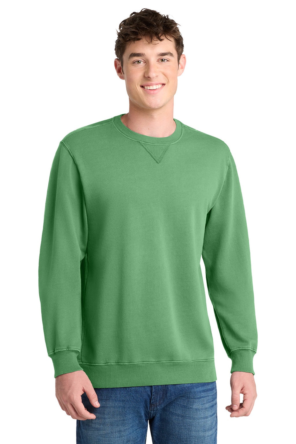 Port & Company PC098 Mens Beach Wash Fleece Crewneck Sweatshirt Safari Green Model Front