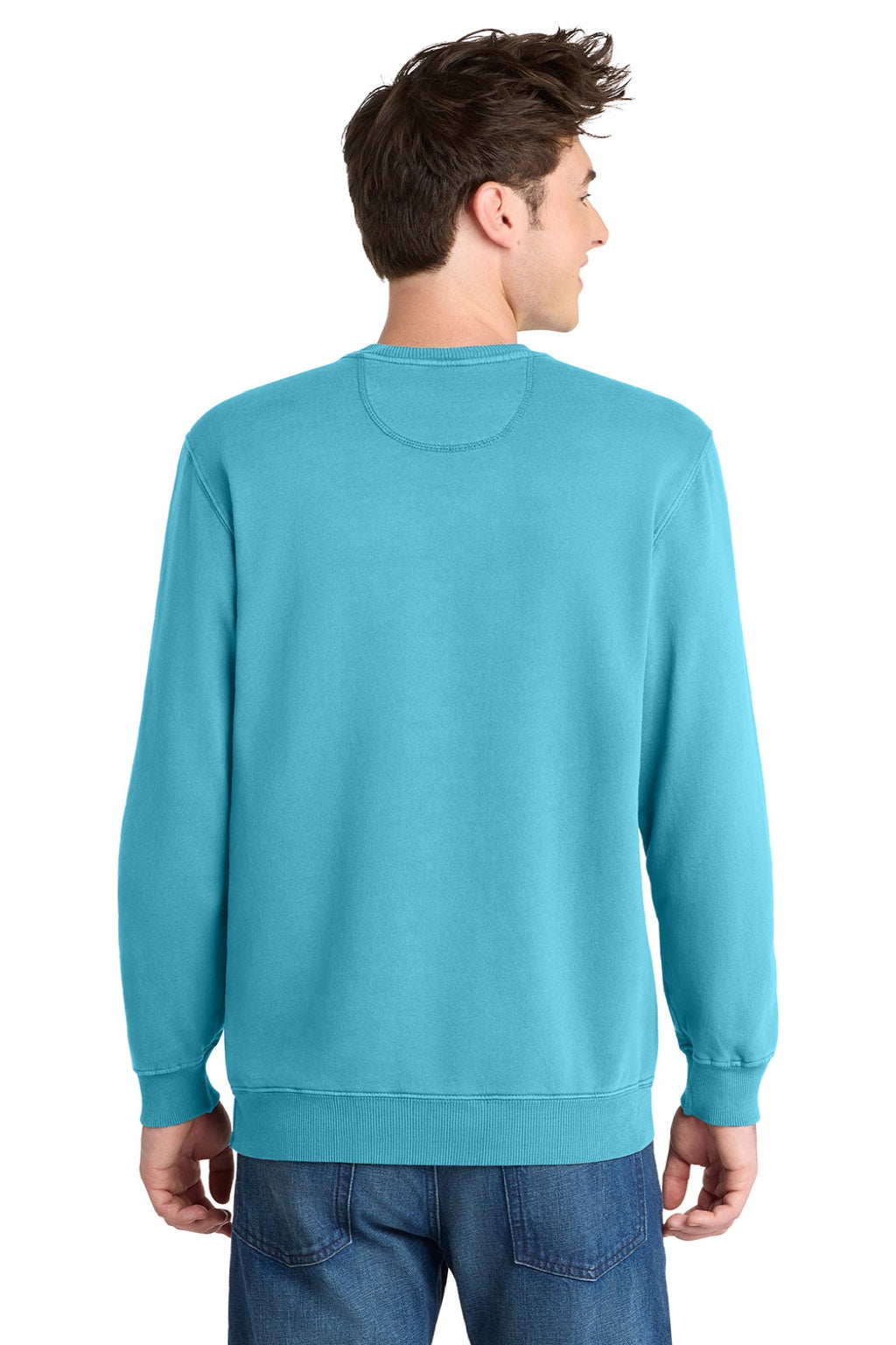Port & Company PC098 Mens Beach Wash Fleece Crewneck Sweatshirt Tidal Wave Blue Model Back