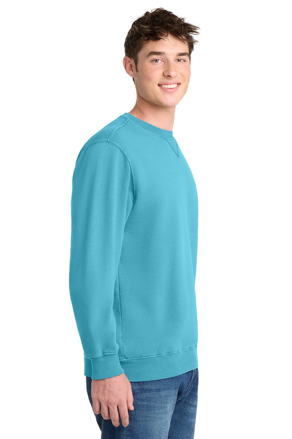 Port & Company PC098 Mens Beach Wash Fleece Crewneck Sweatshirt Tidal Wave Blue Model Side