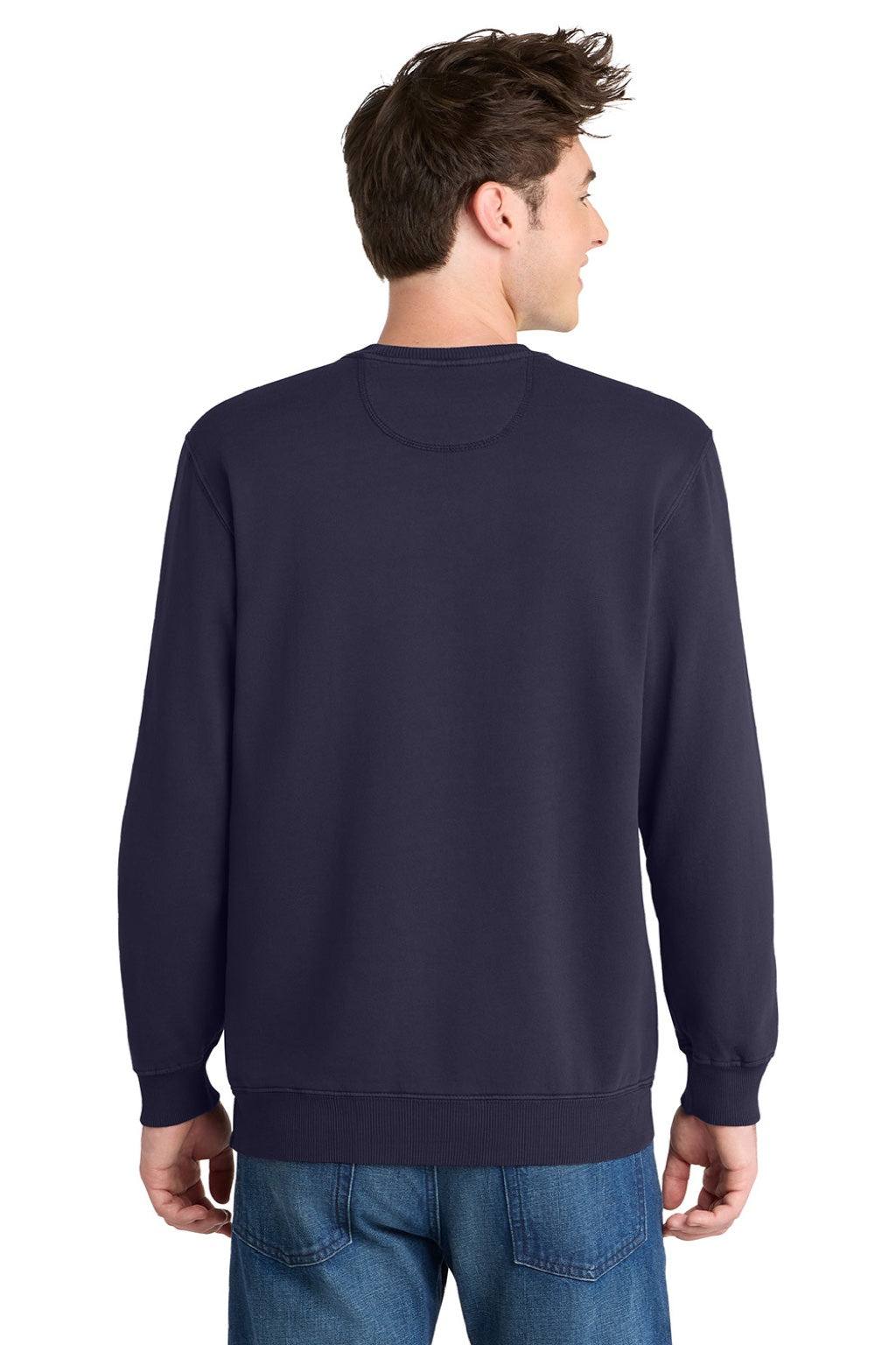 Port & Company PC098 Mens Beach Wash Fleece Crewneck Sweatshirt True Navy Blue Model Back