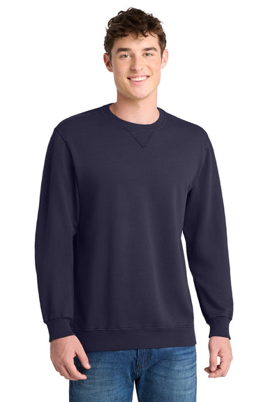 Port & Company PC098 Mens Beach Wash Fleece Crewneck Sweatshirt True Navy Blue Model Front