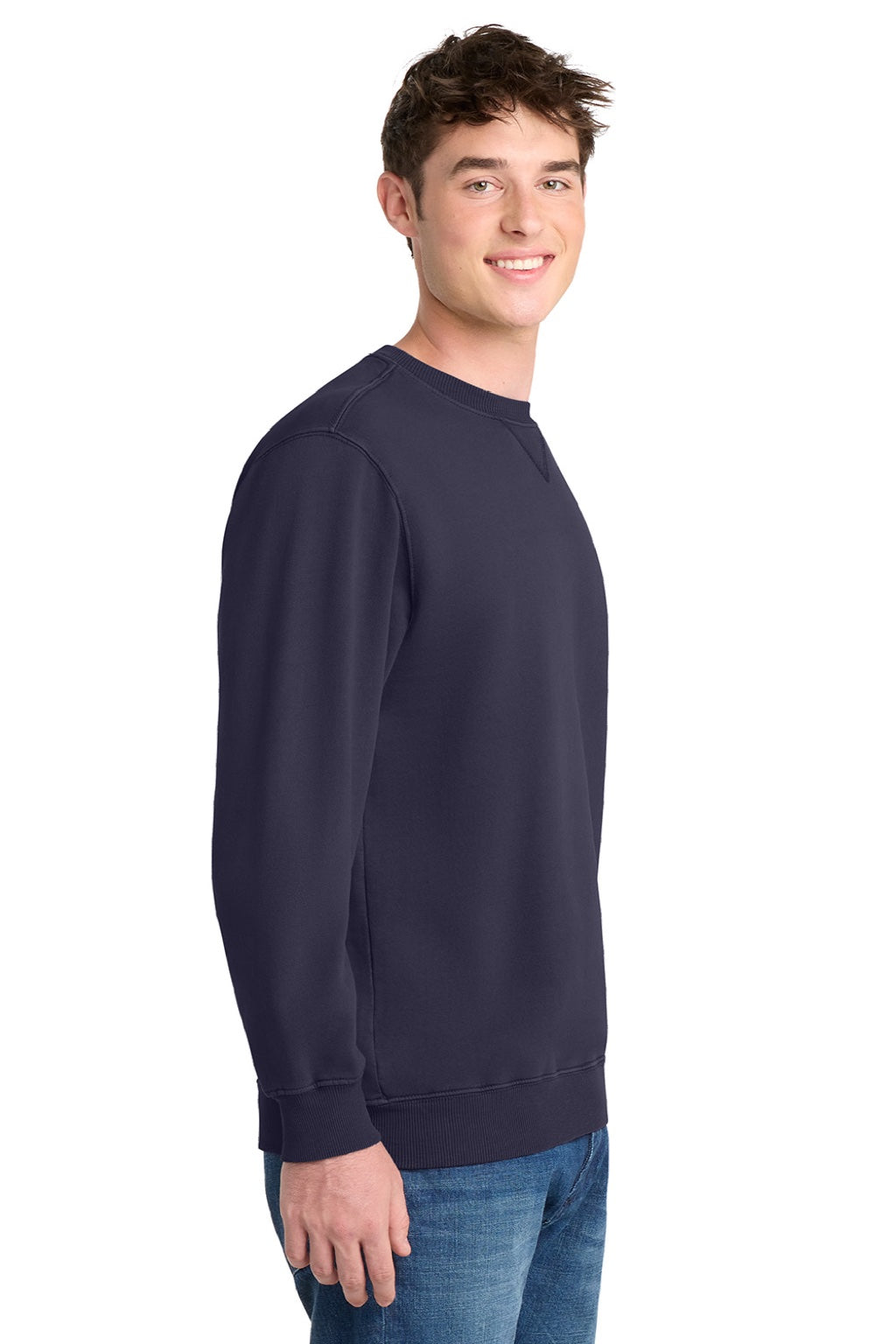 Port & Company PC098 Mens Beach Wash Fleece Crewneck Sweatshirt True Navy Blue Model Side
