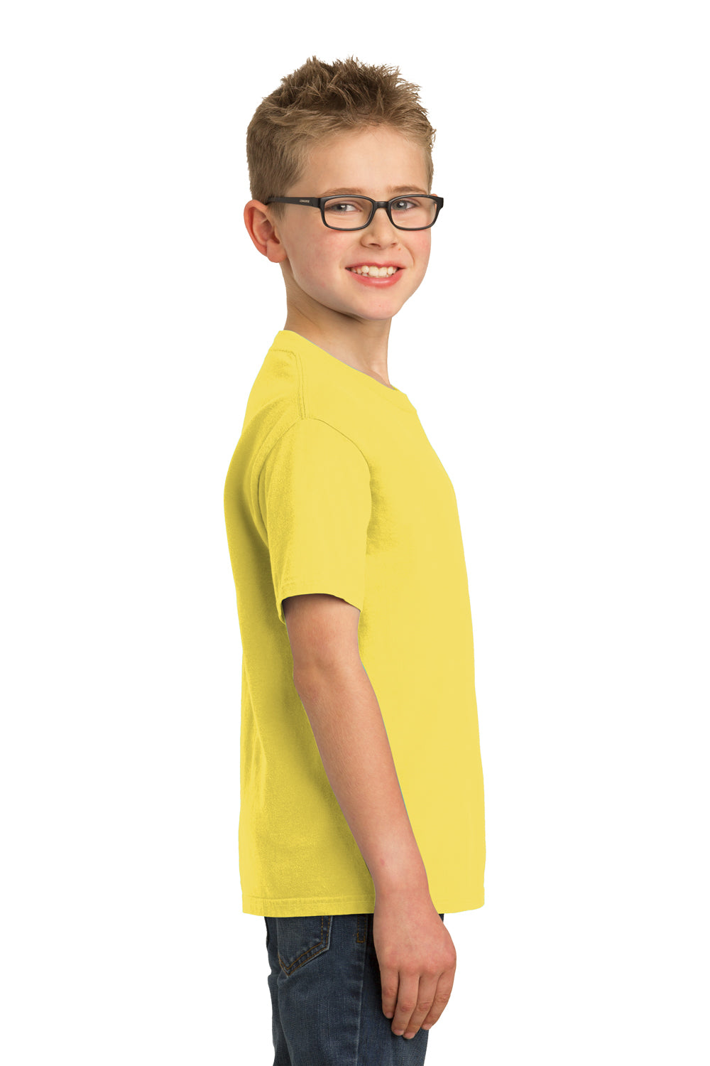 Port & Company PC099Y Youth Beach Wash Short Sleeve Crewneck T-Shirt Popcorn Yellow Model Side