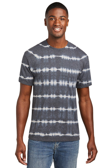 Port & Company PC142 Mens Allover Stripe Tie-Dye Short Sleeve Crewneck T-Shirt Graphite Grey/Light Grey Model Front
