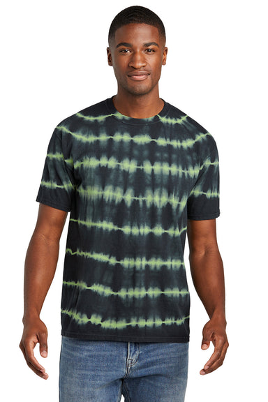 Port & Company PC142 Mens Allover Stripe Tie-Dye Short Sleeve Crewneck T-Shirt Green Tea/Black Model Front