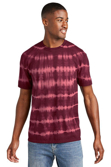 Port & Company PC142 Mens Allover Stripe Tie-Dye Short Sleeve Crewneck T-Shirt Merlot/Burgundy Model Front