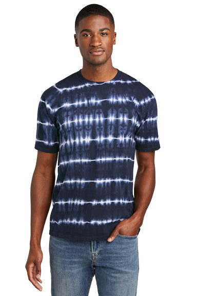 Port & Company PC142 Mens Allover Stripe Tie-Dye Short Sleeve Crewneck T-Shirt True Navy Blue/White Model Front