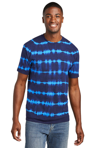 Port & Company PC142 Mens Allover Stripe Tie-Dye Short Sleeve Crewneck T-Shirt Turquoise Blue/Team Navy Blue Model Front