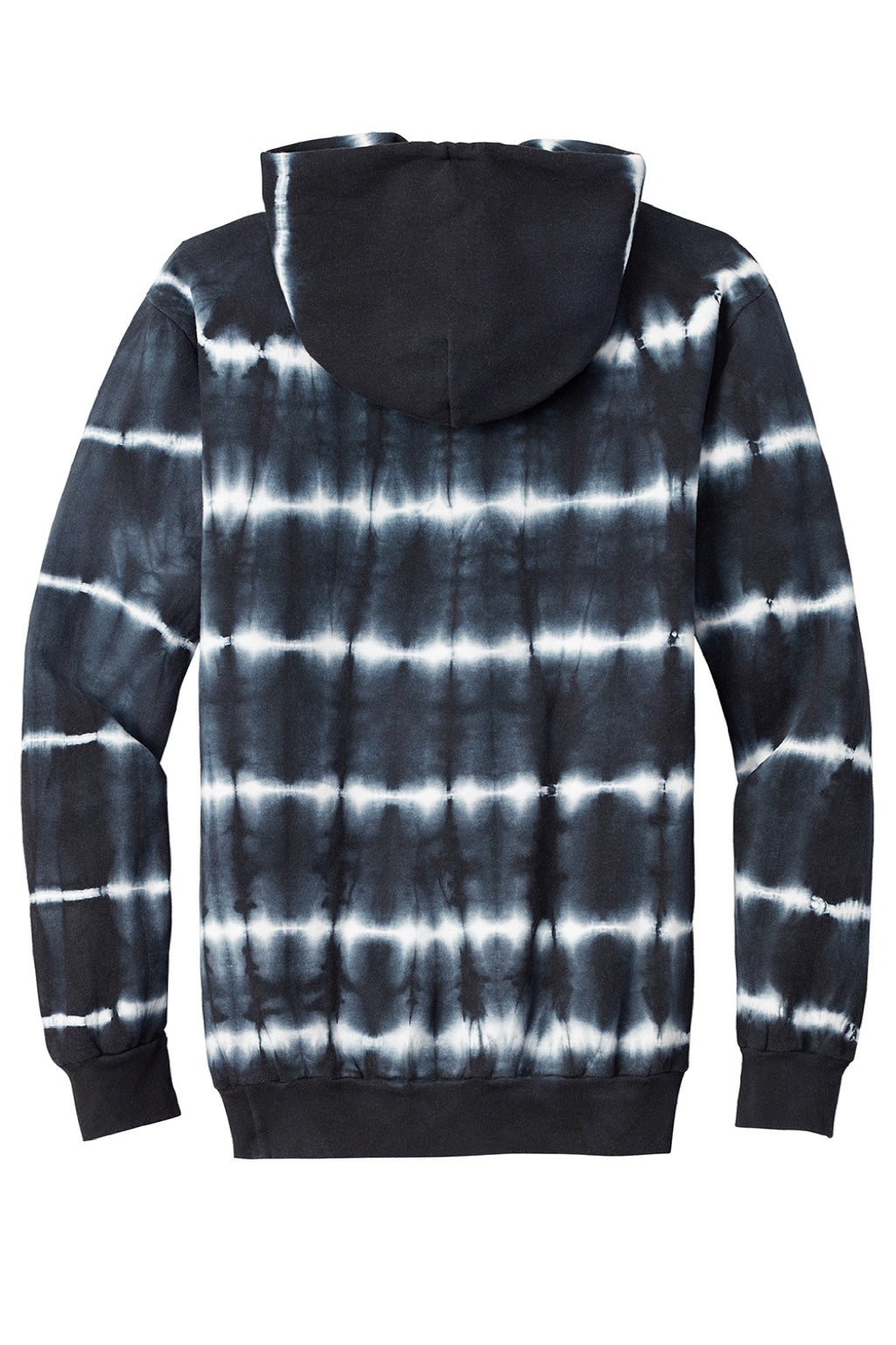 Port & Company PC143 Mens Allover Stripe Tie-Dye Fleece Hooded Sweatshirt Hoodie w/ Pouch Pocket Black/White Flat Back