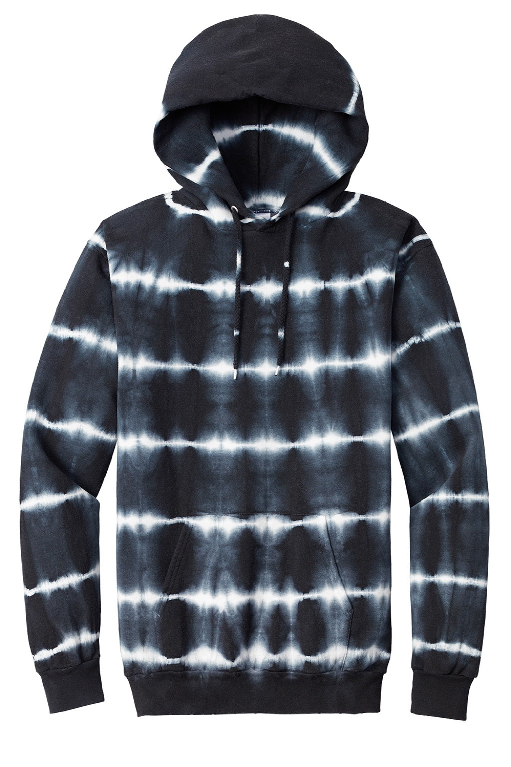 Port & Company PC143 Mens Allover Stripe Tie-Dye Fleece Hooded Sweatshirt Hoodie w/ Pouch Pocket Black/White Flat Front