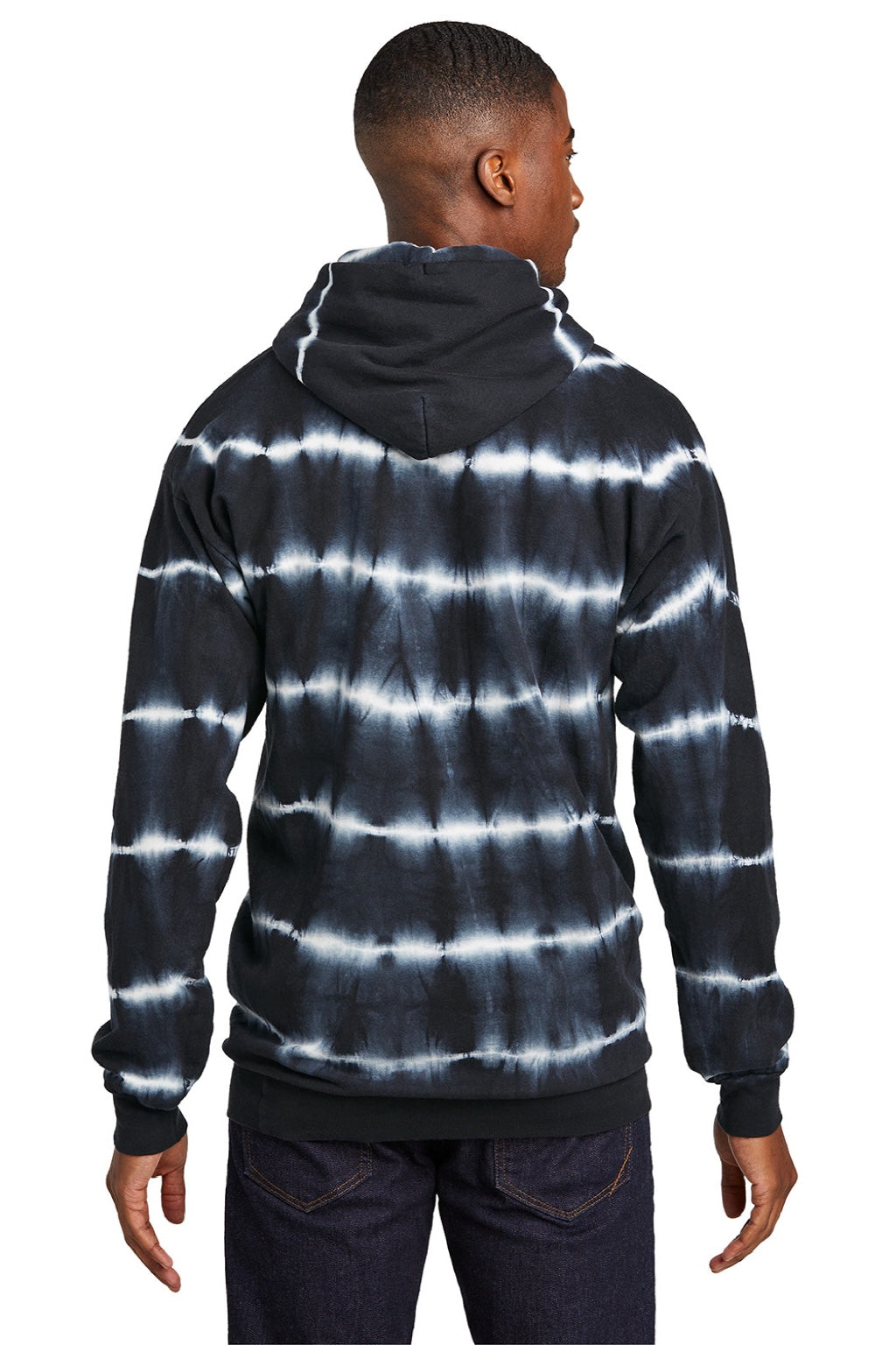 Port & Company PC143 Mens Allover Stripe Tie-Dye Fleece Hooded Sweatshirt Hoodie w/ Pouch Pocket Black/White Model Back