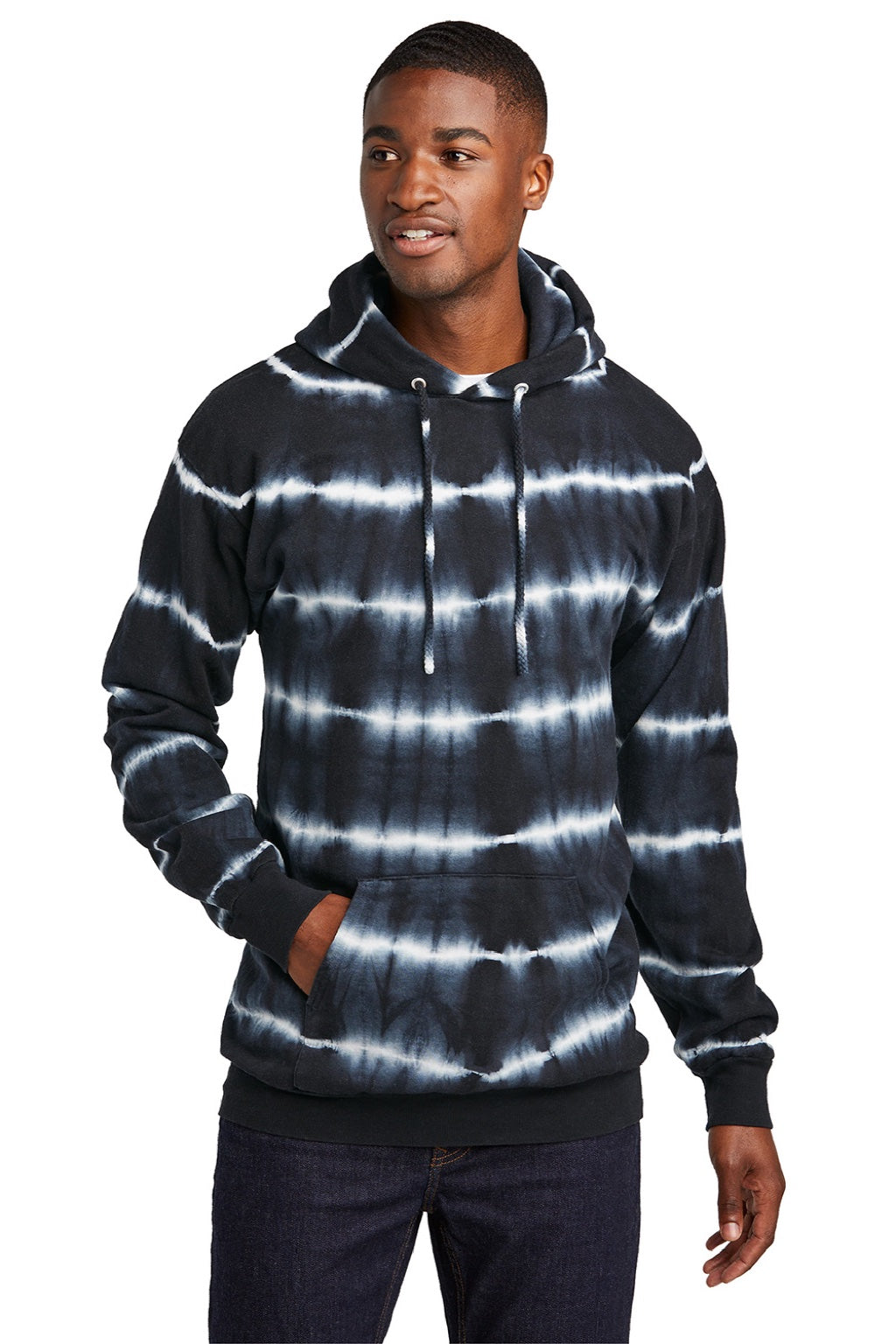 Port & Company PC143 Mens Allover Stripe Tie-Dye Fleece Hooded Sweatshirt Hoodie w/ Pouch Pocket Black/White Model Front