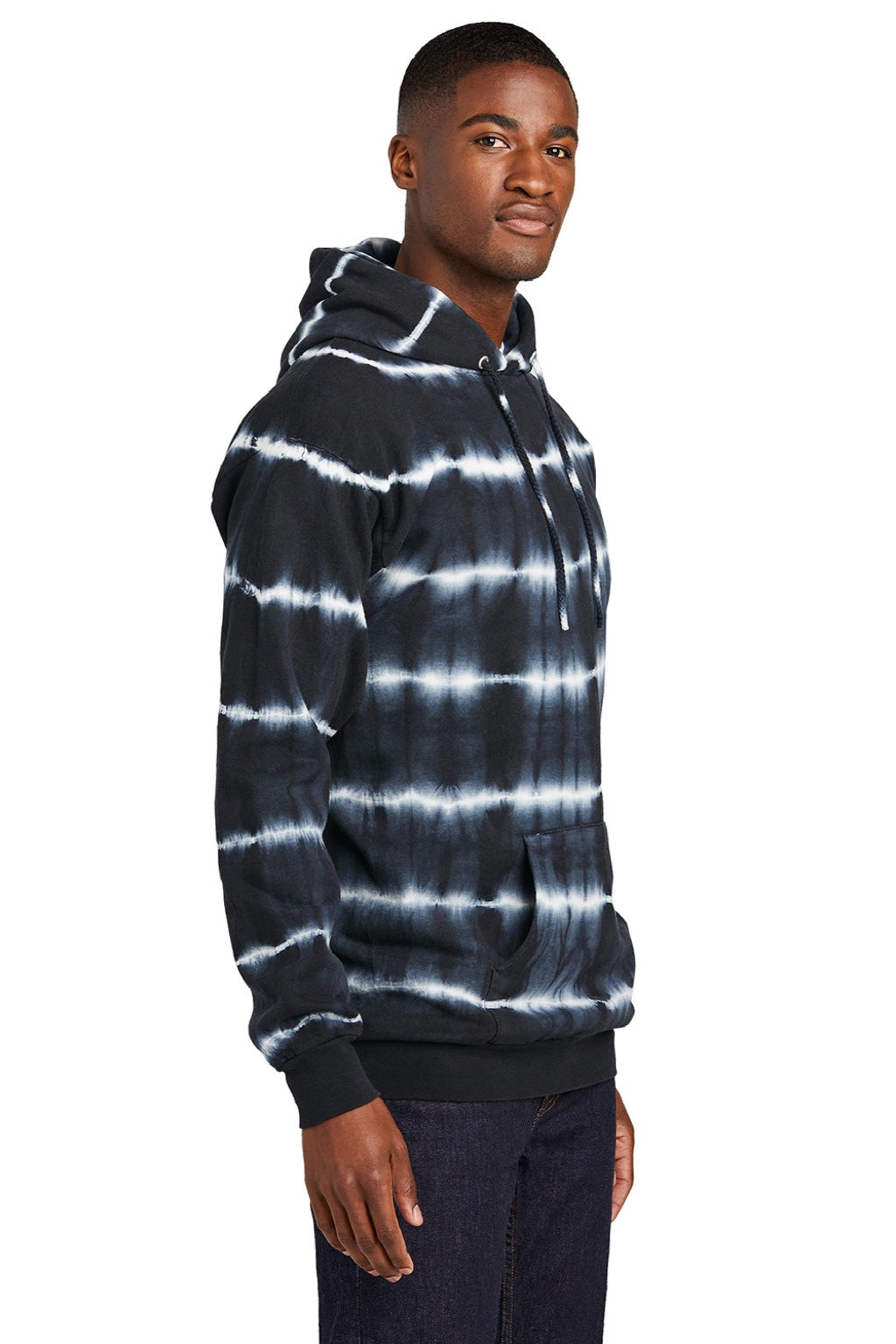 Port & Company PC143 Mens Allover Stripe Tie-Dye Fleece Hooded Sweatshirt Hoodie w/ Pouch Pocket Black/White Model Side