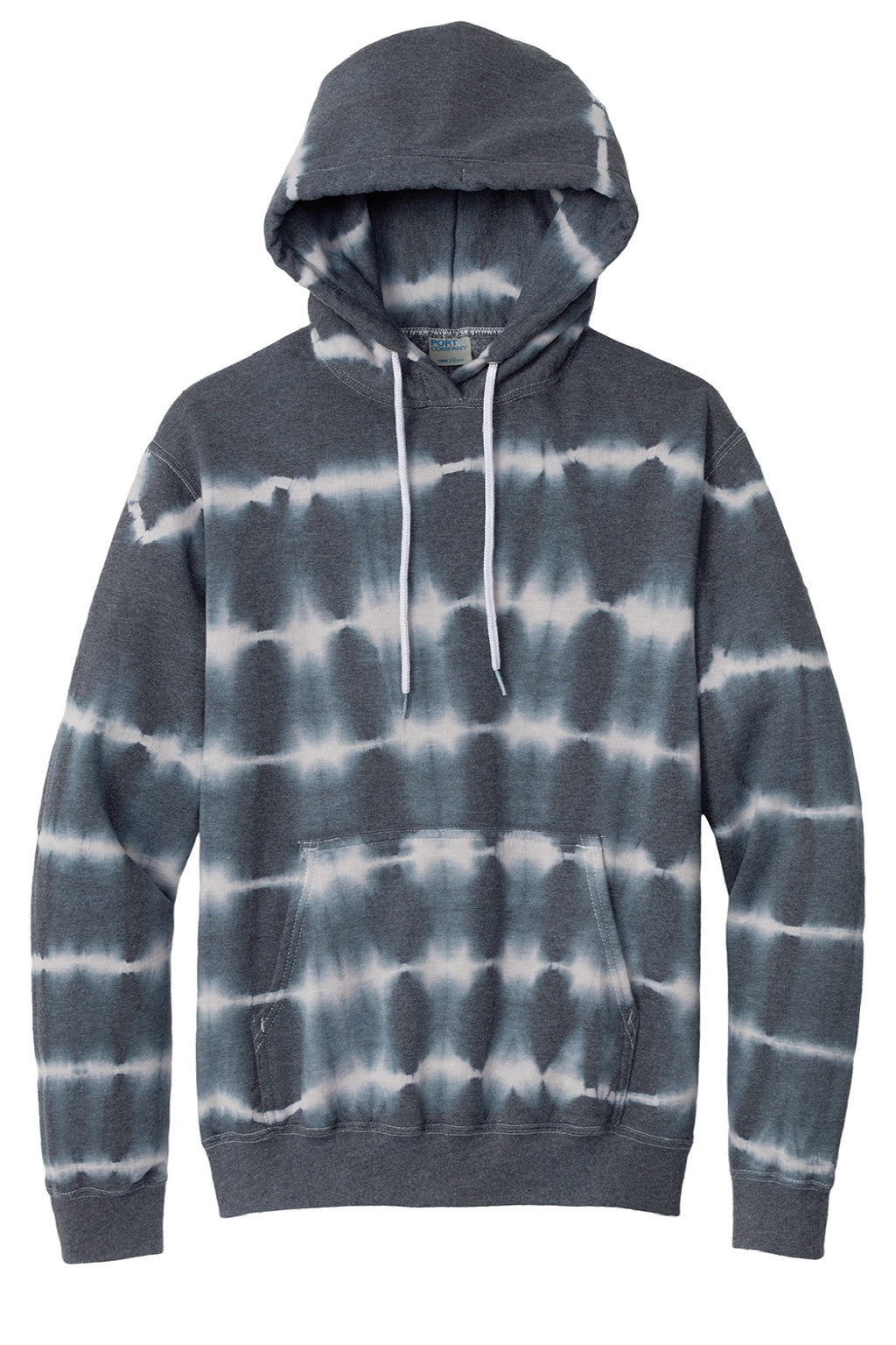 Port & Company PC143 Mens Allover Stripe Tie-Dye Fleece Hooded Sweatshirt Hoodie w/ Pouch Pocket Graphite Grey/Light Grey Flat Front
