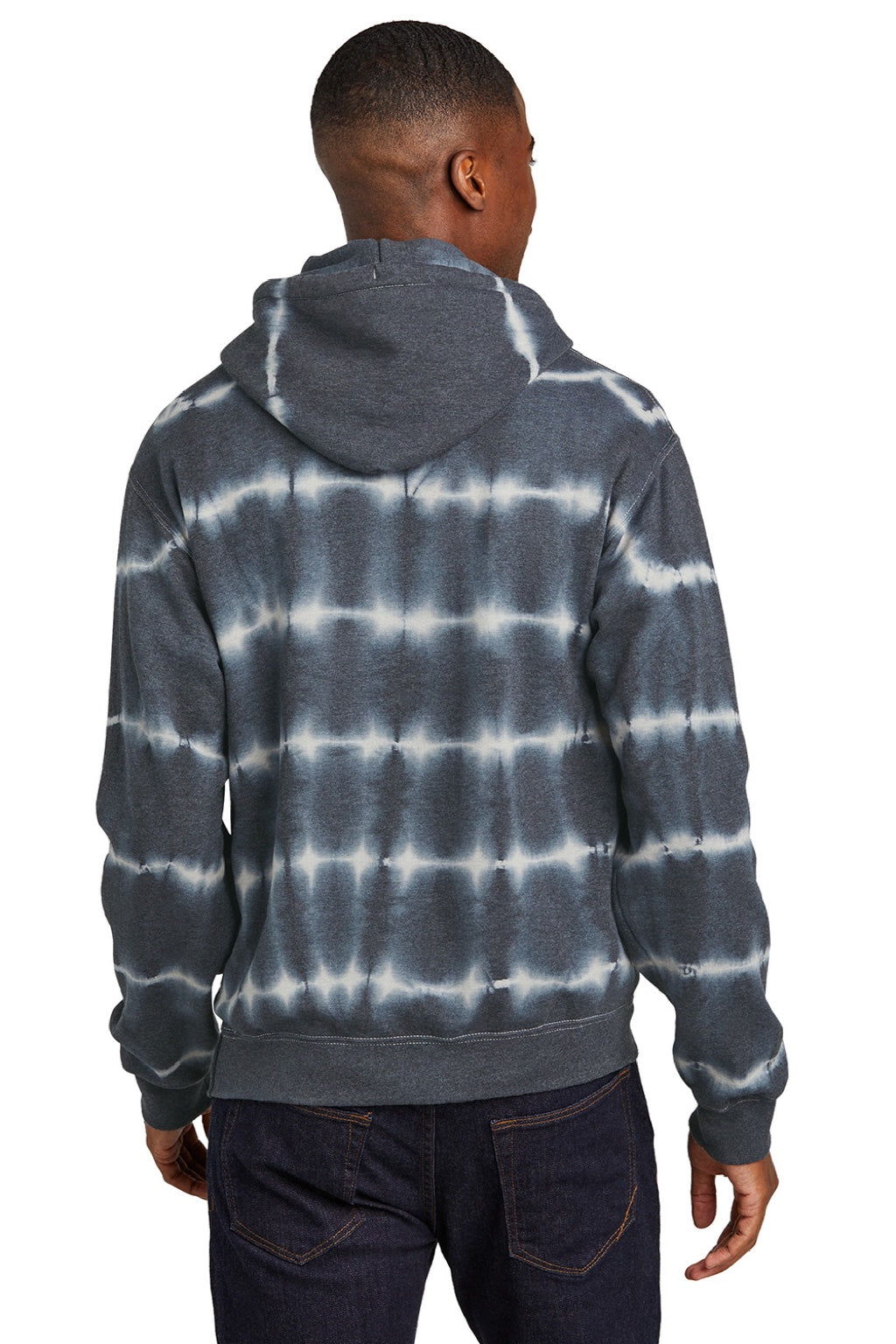 Port & Company PC143 Mens Allover Stripe Tie-Dye Fleece Hooded Sweatshirt Hoodie w/ Pouch Pocket Graphite Grey/Light Grey Model Back