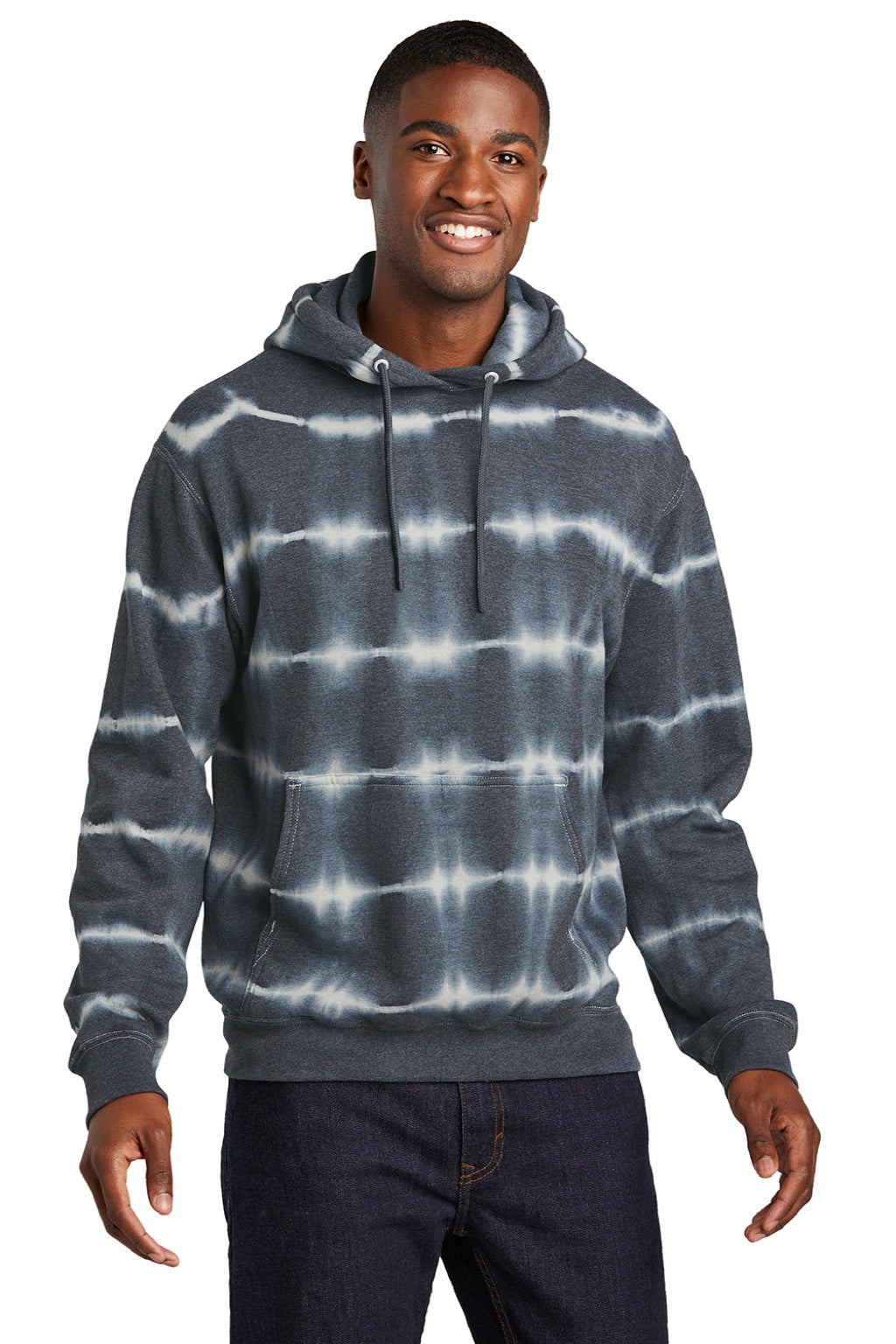 Port & Company PC143 Mens Allover Stripe Tie-Dye Fleece Hooded Sweatshirt Hoodie w/ Pouch Pocket Graphite Grey/Light Grey Model Front