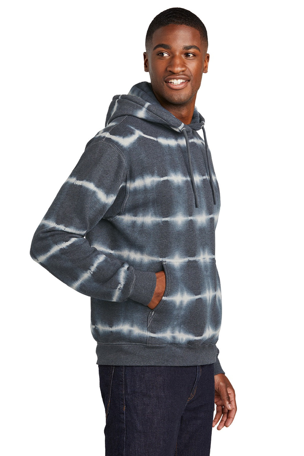 Port & Company PC143 Mens Allover Stripe Tie-Dye Fleece Hooded Sweatshirt Hoodie w/ Pouch Pocket Graphite Grey/Light Grey Model Side