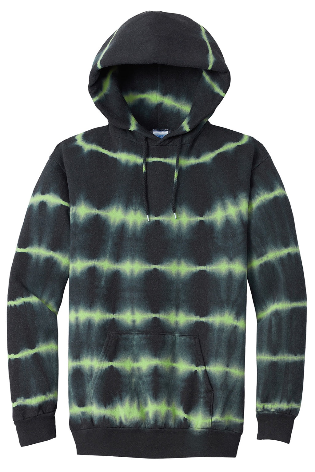 Port & Company PC143 Mens Allover Stripe Tie-Dye Fleece Hooded Sweatshirt Hoodie w/ Pouch Pocket Green Tea/Black Flat Front