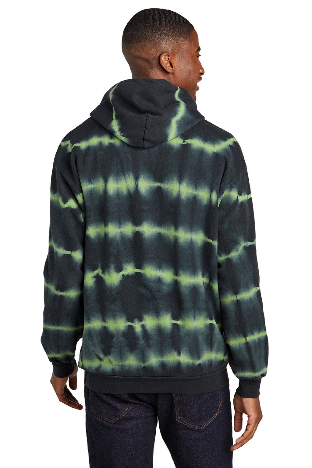 Port & Company PC143 Mens Allover Stripe Tie-Dye Fleece Hooded Sweatshirt Hoodie w/ Pouch Pocket Green Tea/Black Model Back