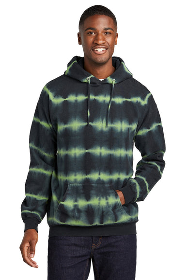 Port & Company PC143 Mens Allover Stripe Tie-Dye Fleece Hooded Sweatshirt Hoodie w/ Pouch Pocket Green Tea/Black Model Front