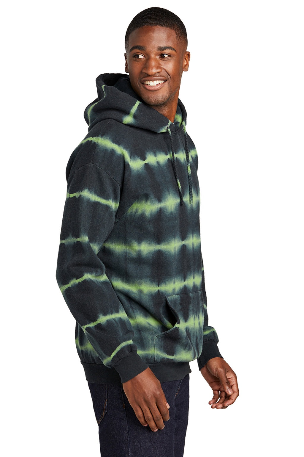 Port & Company PC143 Mens Allover Stripe Tie-Dye Fleece Hooded Sweatshirt Hoodie w/ Pouch Pocket Green Tea/Black Model Side