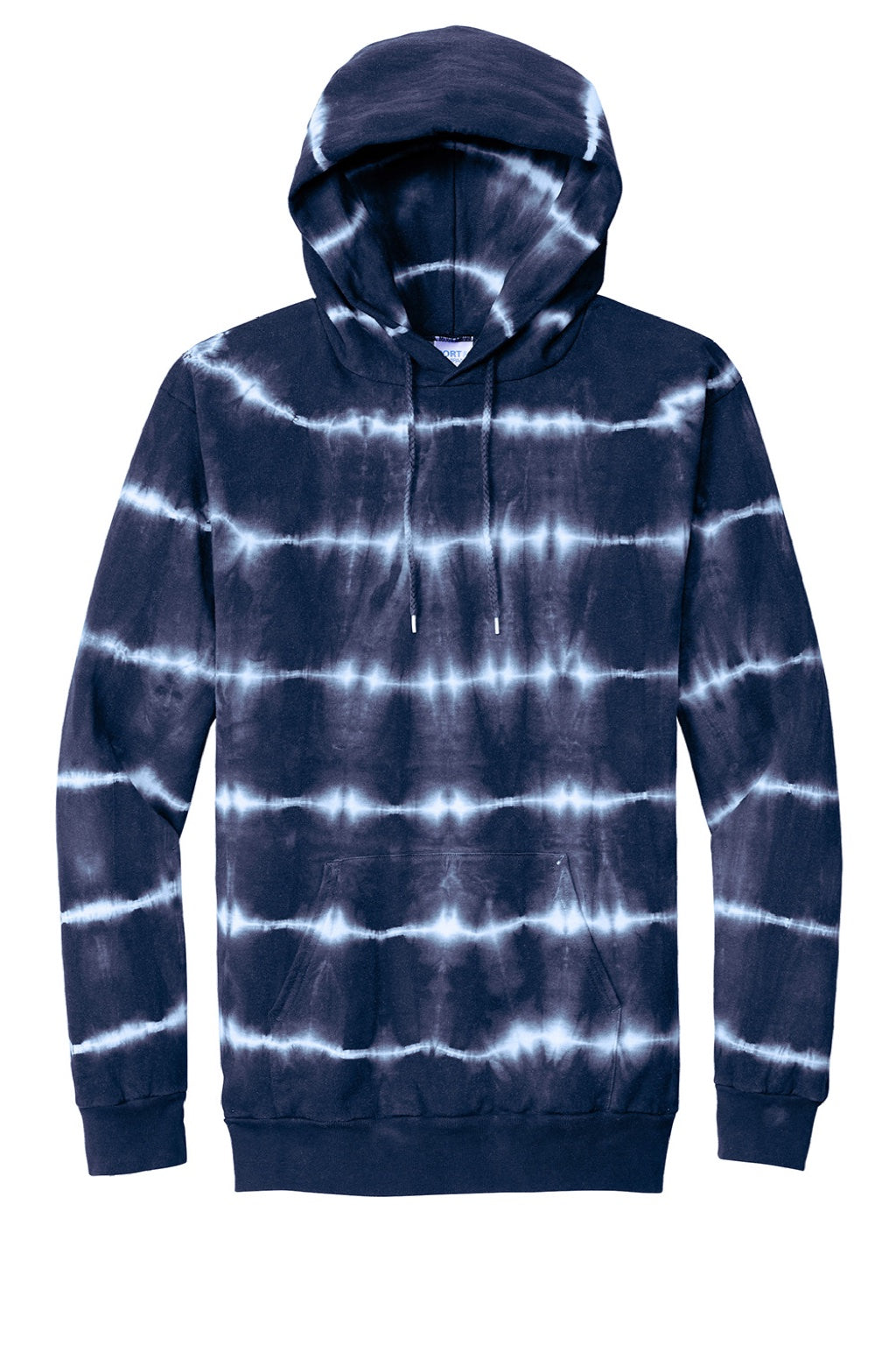 Port & Company PC143 Mens Allover Stripe Tie-Dye Fleece Hooded Sweatshirt Hoodie w/ Pouch Pocket True Navy Blue/White Flat Front