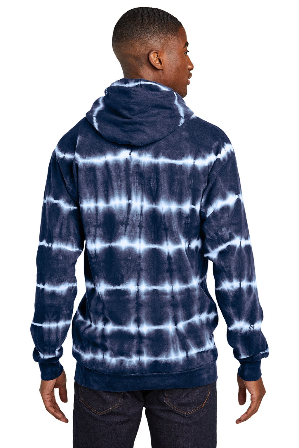 Port & Company PC143 Mens Allover Stripe Tie-Dye Fleece Hooded Sweatshirt Hoodie w/ Pouch Pocket True Navy Blue/White Model Back