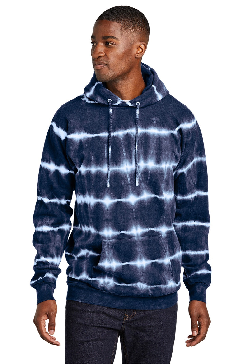 Port & Company PC143 Mens Allover Stripe Tie-Dye Fleece Hooded Sweatshirt Hoodie w/ Pouch Pocket True Navy Blue/White Model Front