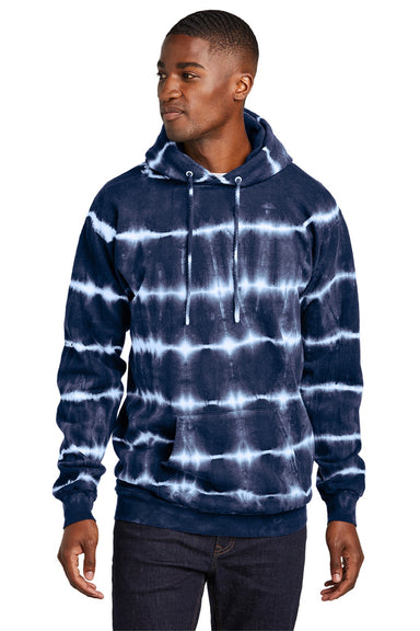 Port & Company PC143 Mens Allover Stripe Tie-Dye Fleece Hooded Sweatshirt Hoodie w/ Pouch Pocket True Navy Blue/White Model Front