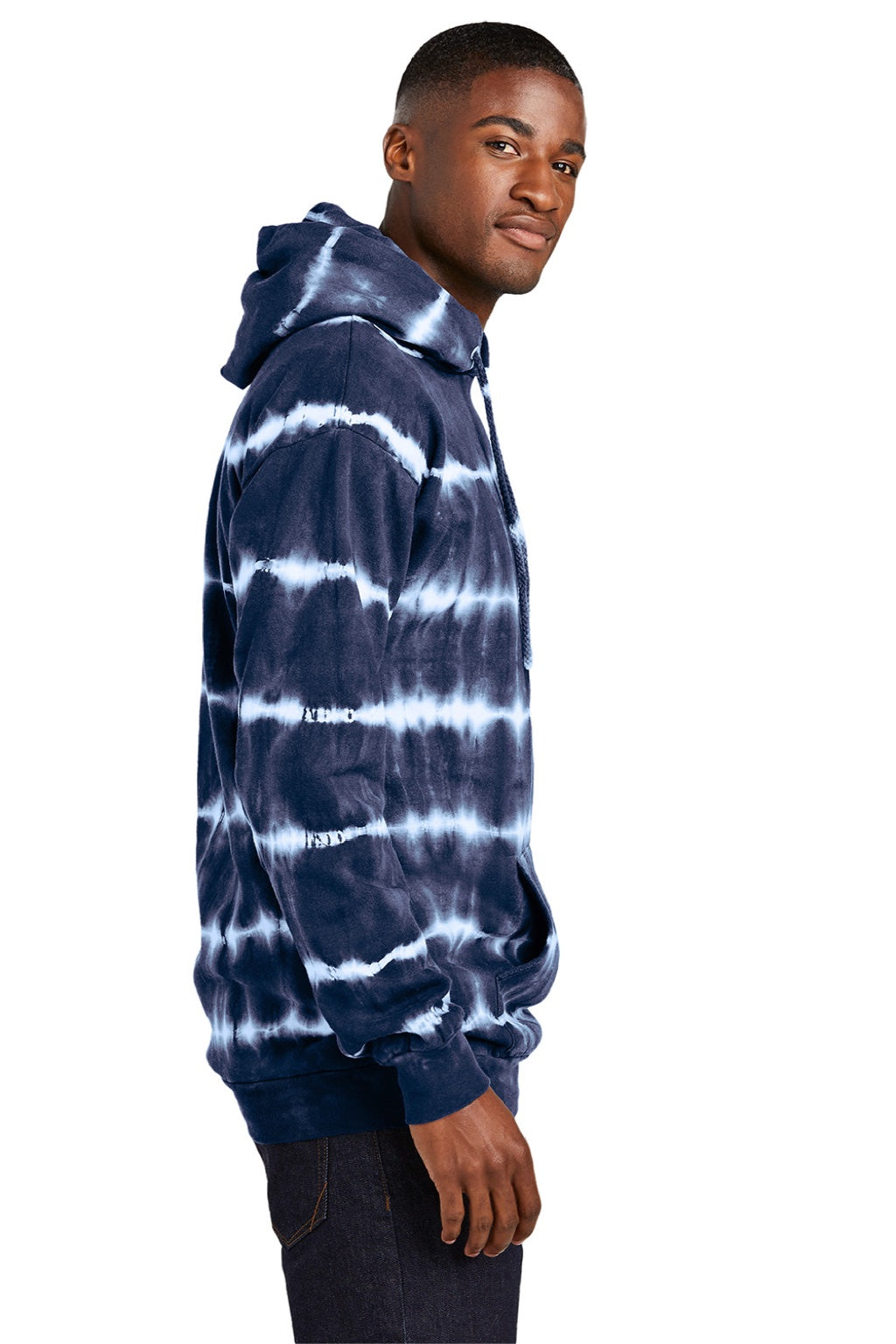 Port & Company PC143 Mens Allover Stripe Tie-Dye Fleece Hooded Sweatshirt Hoodie w/ Pouch Pocket True Navy Blue/White Model Side