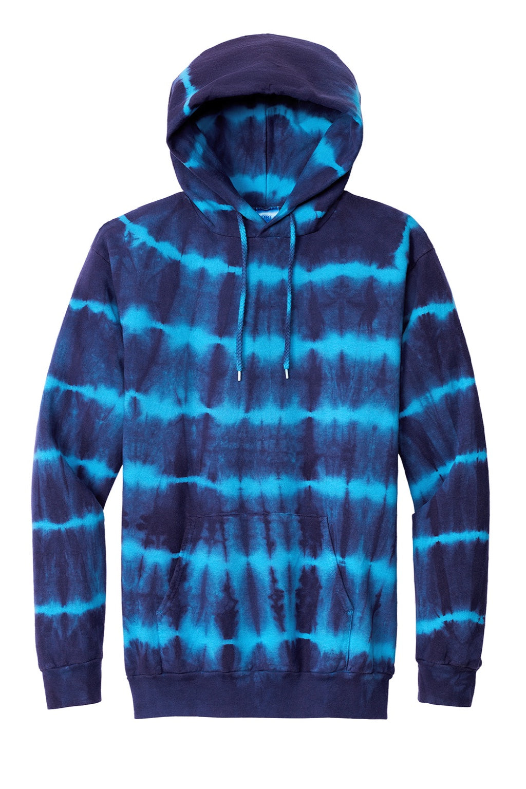 Port & Company PC143 Mens Allover Stripe Tie-Dye Fleece Hooded Sweatshirt Hoodie w/ Pouch Pocket Turquoise Blue/Team Navy Blue Flat Front