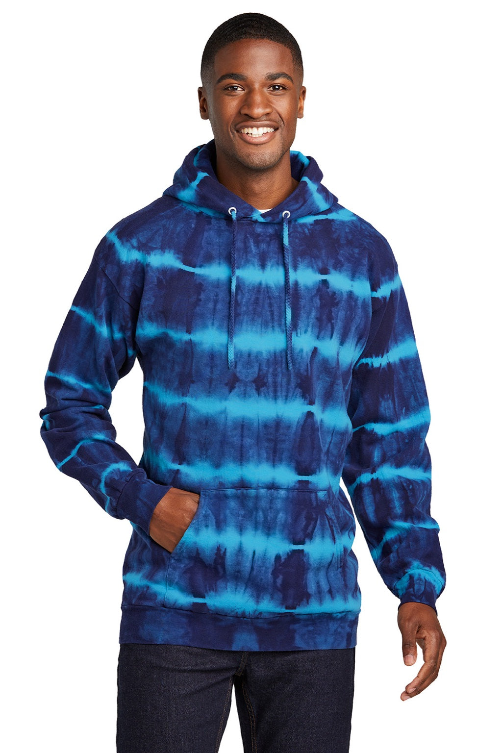 Port & Company PC143 Mens Allover Stripe Tie-Dye Fleece Hooded Sweatshirt Hoodie w/ Pouch Pocket Turquoise Blue/Team Navy Blue Model Front