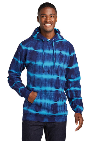Port & Company PC143 Mens Allover Stripe Tie-Dye Fleece Hooded Sweatshirt Hoodie w/ Pouch Pocket Turquoise Blue/Team Navy Blue Model Front