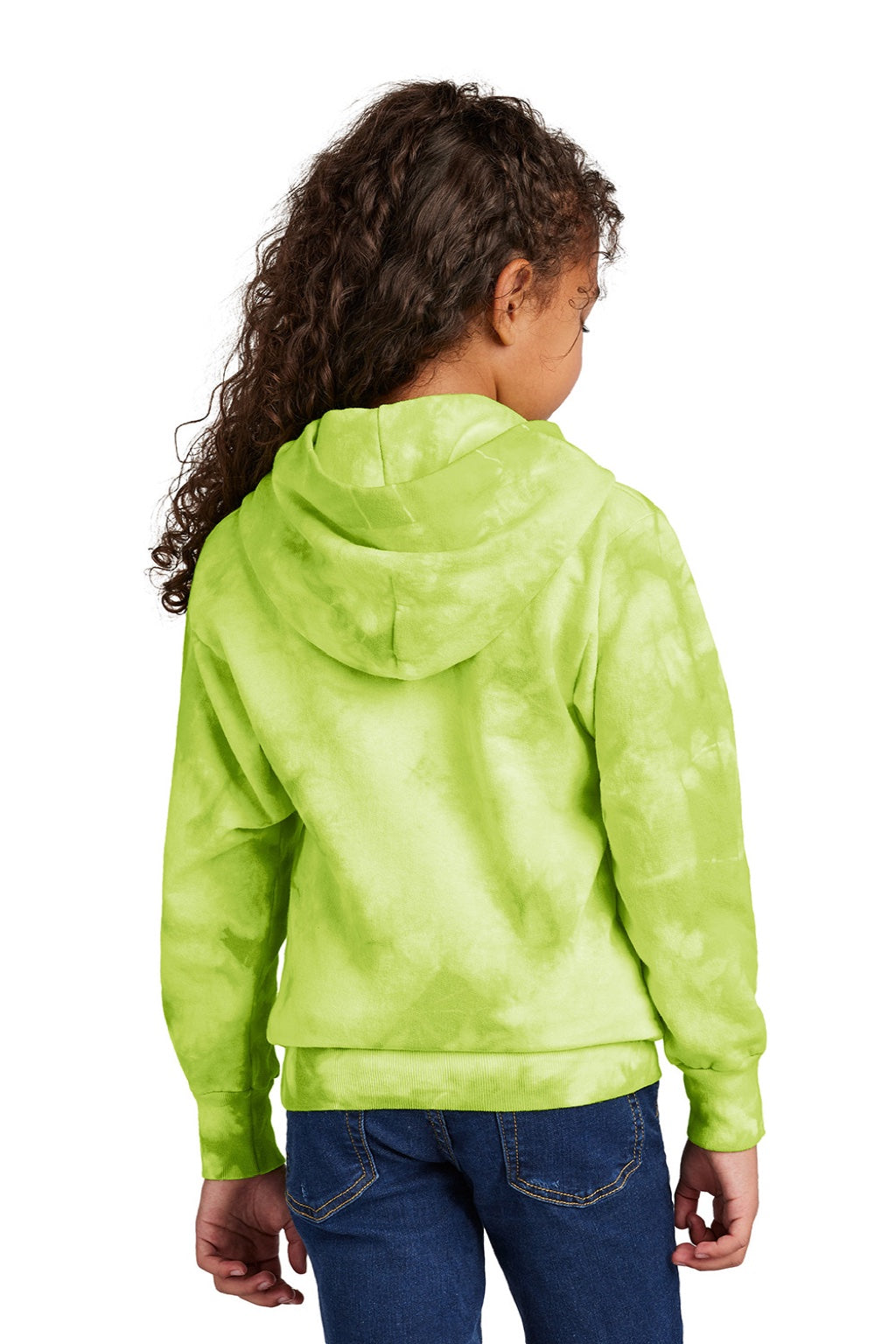 Port & Company PC144Y Youth Crystal Tie-Dye Hooded Sweatshirt Hoodie w/ Pouch Pocket Lemon Lime Model Back