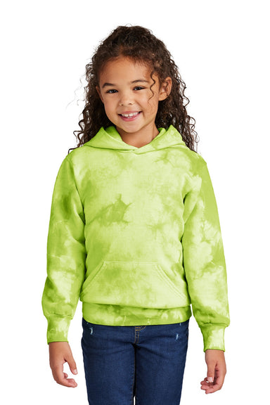 Port & Company PC144Y Youth Crystal Tie-Dye Hooded Sweatshirt Hoodie w/ Pouch Pocket Lemon Lime Model Front
