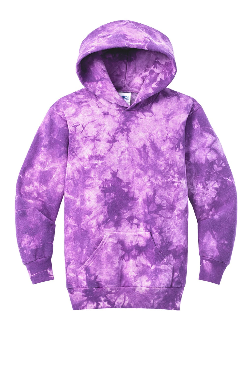 Port & Company PC144Y Youth Crystal Tie-Dye Hooded Sweatshirt Hoodie w/ Pouch Pocket Purple Flat Front
