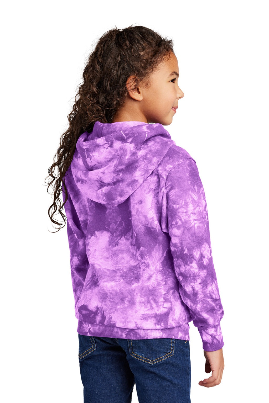Port & Company PC144Y Youth Crystal Tie-Dye Hooded Sweatshirt Hoodie w/ Pouch Pocket Purple Model Back