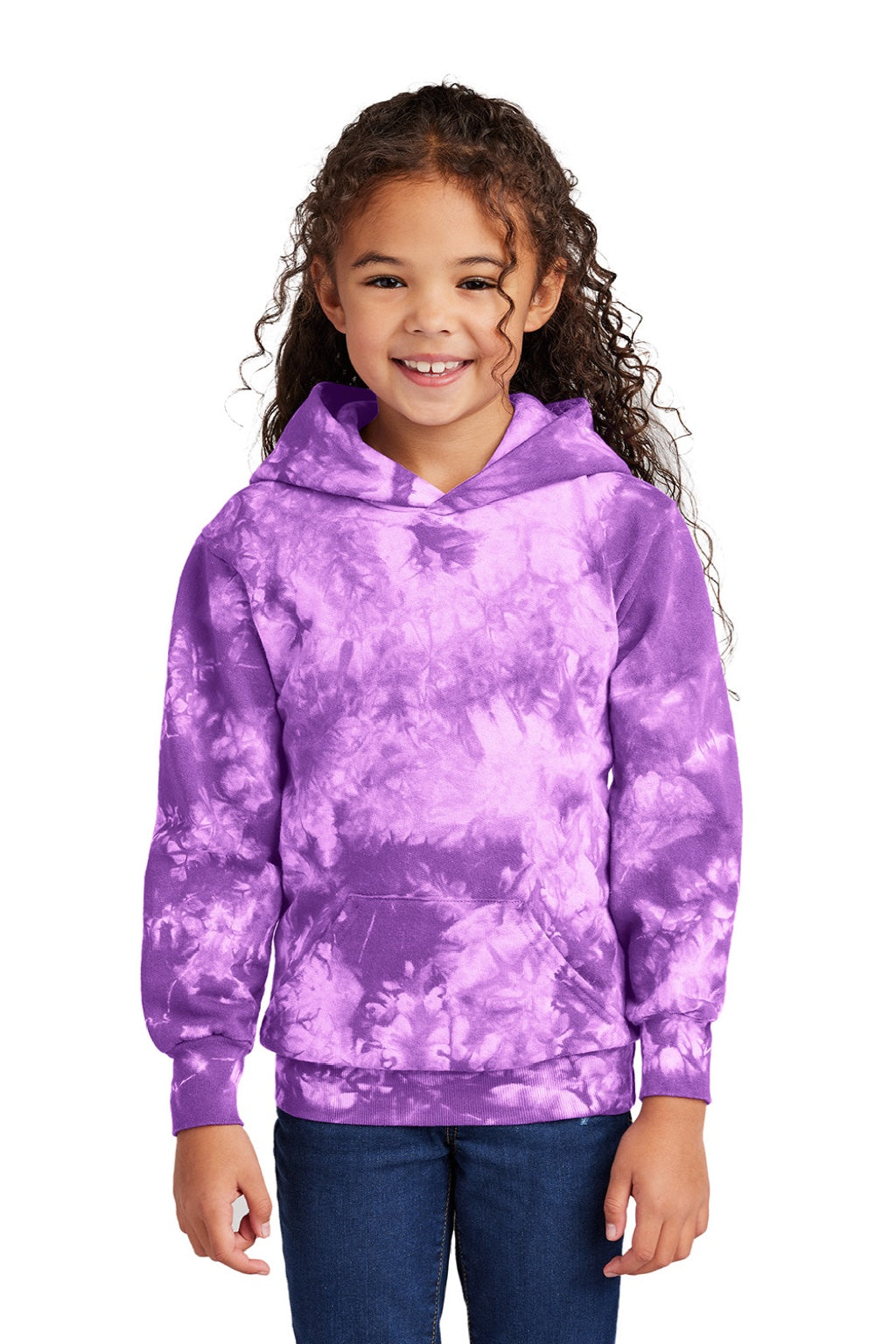 Port & Company PC144Y Youth Crystal Tie-Dye Hooded Sweatshirt Hoodie w/ Pouch Pocket Purple Model Front