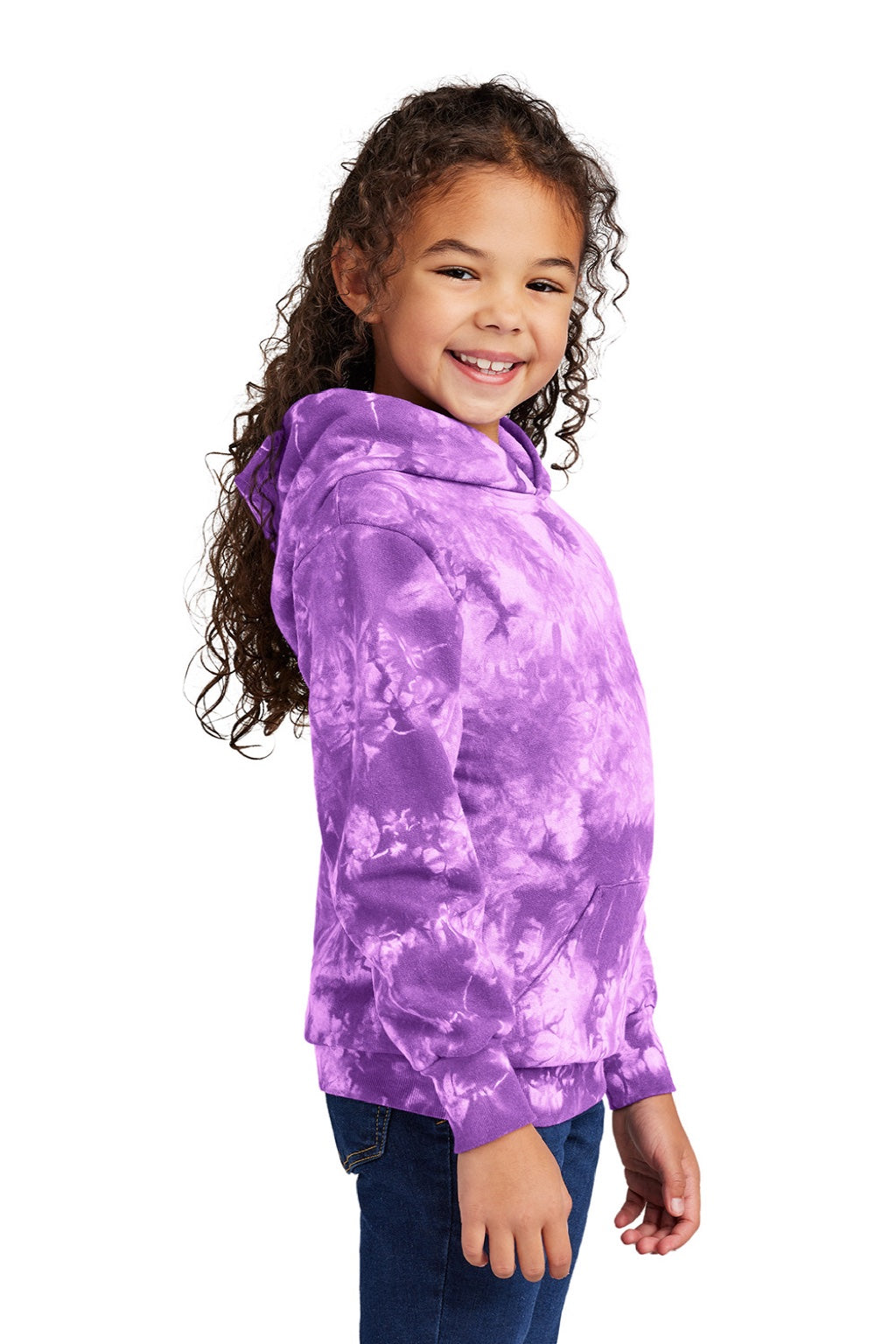 Port & Company PC144Y Youth Crystal Tie-Dye Hooded Sweatshirt Hoodie w/ Pouch Pocket Purple Model Side