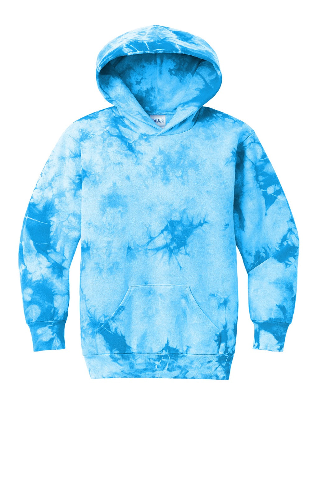 Port & Company PC144Y Youth Crystal Tie-Dye Hooded Sweatshirt Hoodie w/ Pouch Pocket Sky Blue Flat Front