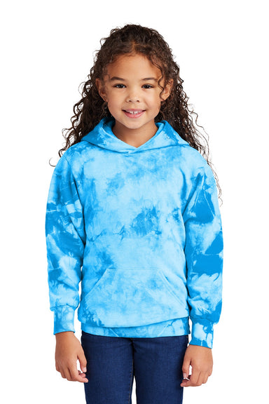 Port & Company PC144Y Youth Crystal Tie-Dye Hooded Sweatshirt Hoodie w/ Pouch Pocket Sky Blue Model Front