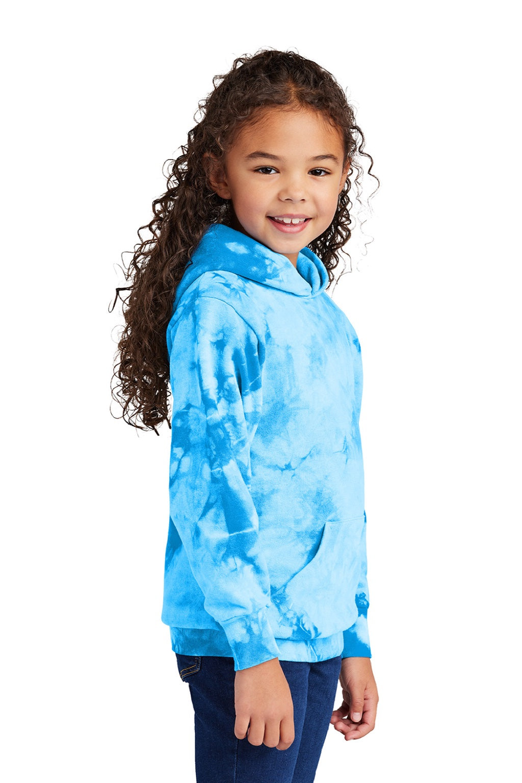 Port & Company PC144Y Youth Crystal Tie-Dye Hooded Sweatshirt Hoodie w/ Pouch Pocket Sky Blue Model Side